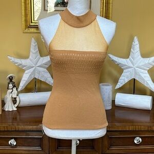 Gold Mock Halter Y2K 90’s Mesh Front Sexy Mustard Color Stretch Top Size Medium